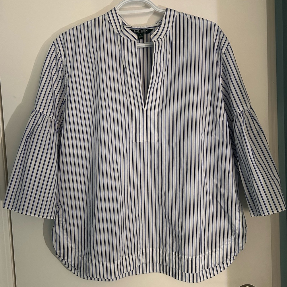 Lauren Ralph Lauren Navy and White Pinstripe Blouse Bell Sleeves 100% cotton